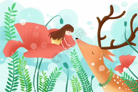 植物红色花丛亲吻麋鹿的女孩gif高清图片
