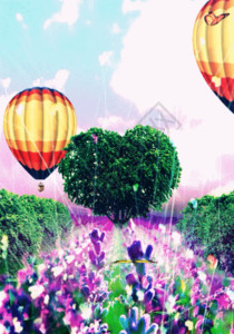 紫色热气球蝴蝶薰衣草h5动态背景高清图片