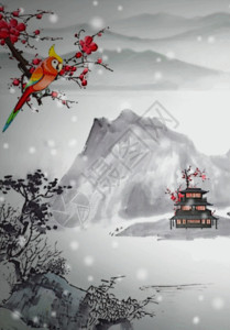 山风景画梅花雪中国风背景高清图片