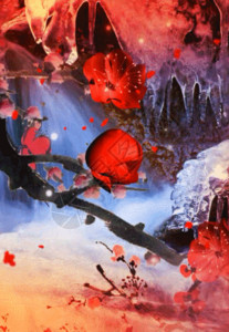 小花园里玫瑰盛开红梅赞中国风红色背景高清图片