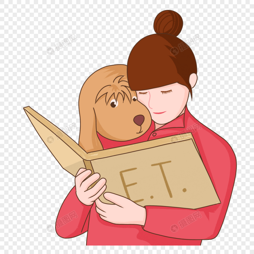 手绘少女与宠物一起读书人物形象图片
