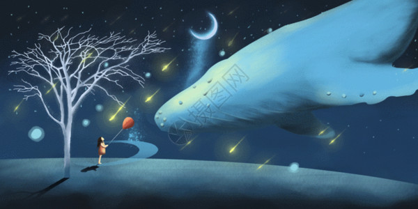 梦幻气球星空下的鲸鱼gif高清图片