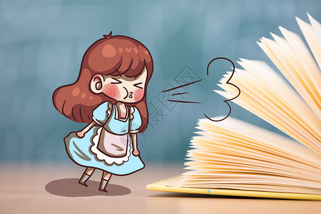 女孩摆拍吹动的书页插画