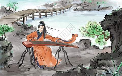 古代乐器中国风传统人物插画