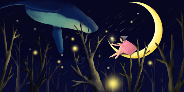 唯美清新女孩与鲸鱼插画树丛中的鲸鱼gif高清图片