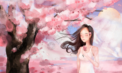 樱花与女孩背景图片
