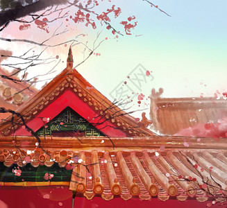 春天樱花宫殿手绘高清图片