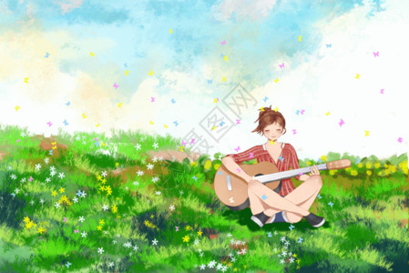 弹吉他女孩坐姿惬意春日插画gif高清图片