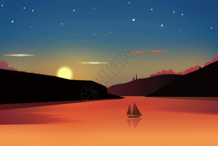 日落和反射水面夕阳染红了海面 GIF高清图片