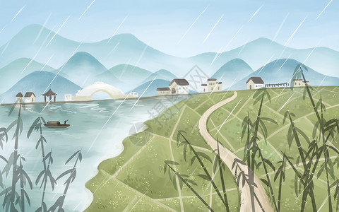 小湖雨中清明插画