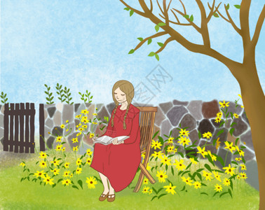 红色的椅子花园看书的女孩gif高清图片