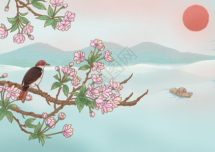 粉色桃花小鸟图背景图片