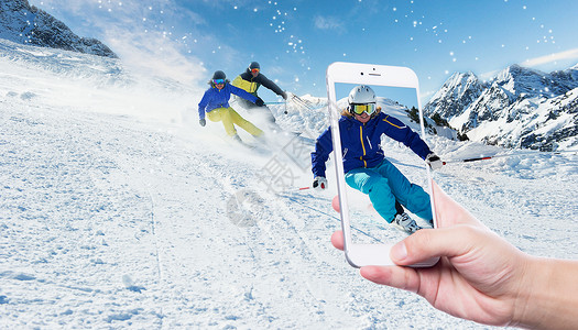 抱着滑板女孩从手机中出来滑雪设计图片