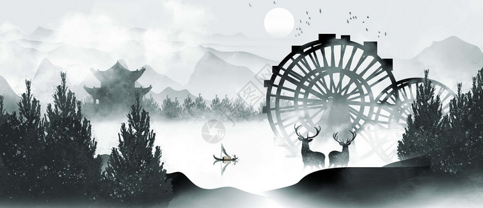 中国风动物麋鹿中国风水车山水水墨插画