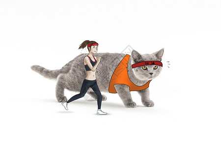 卡通人物和小猫锻炼身体摄影插画背景图片