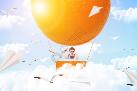 坐热气球的女孩橙子热气球设计图片