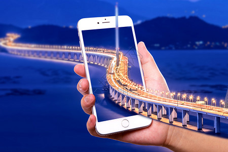 城市车水马龙穿越手机的桥设计图片