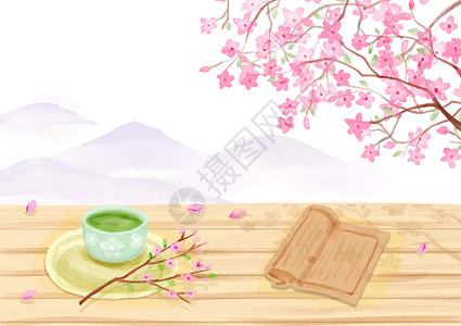 茶水桌水彩风春意插画