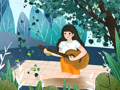 小清新风格插画春天在郊外弹琴的少女图片