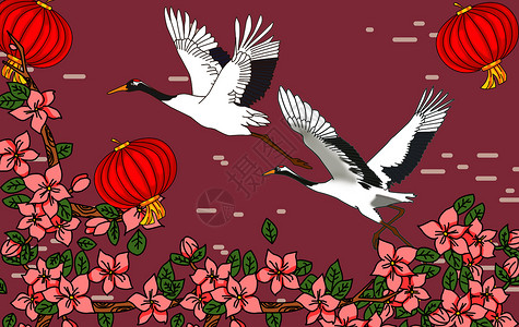 黑白纸鸟机器人国风之仙鹤与花插画