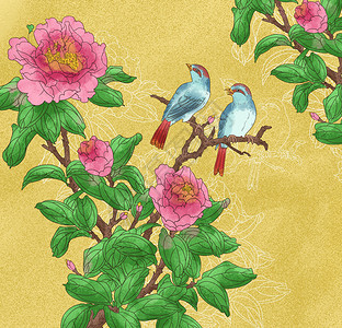 牡丹花上的小鸟中国风牡丹花卉小鸟图插画
