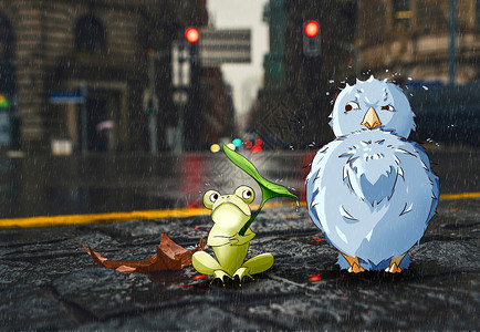 躲雨鸟青蛙小鸟和街道插画