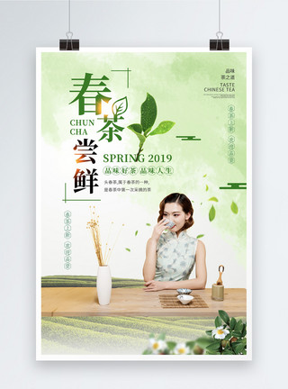 女性中国清新春茶尝鲜海报模板