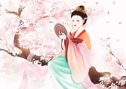 朝鲜族姑娘桃花丛中照镜子的汉服姑娘gif高清图片