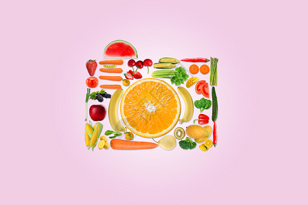 胡萝卜青菜饭团水果蔬菜相机设计图片