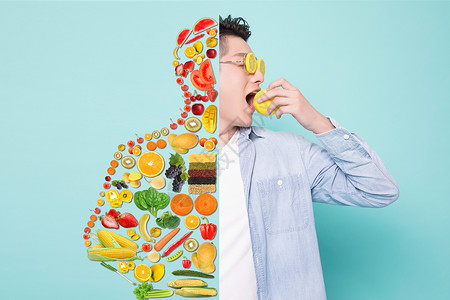 帅哥喝酒蔬菜水果有益健康设计图片
