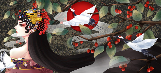 枇杷果树素材花旦与仙鹤插画