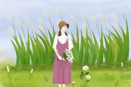 一朵白色菊花芦苇女孩GIF高清图片