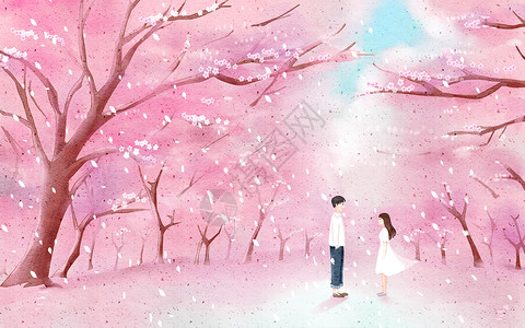 樱花节素材樱花树下粉色爱恋情侣插画