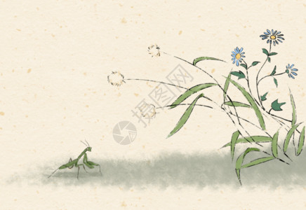 野草和小鸟水墨的动物植物gif高清图片