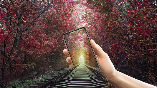 森林中的铁轨创意手机场景设计图片