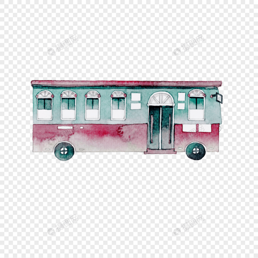 复古水彩公交车素材图片