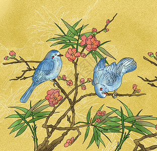 中国风国潮工笔画蓝色小鸟梅花图图片