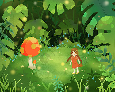 扎马尾的小女孩春季蘑菇插画