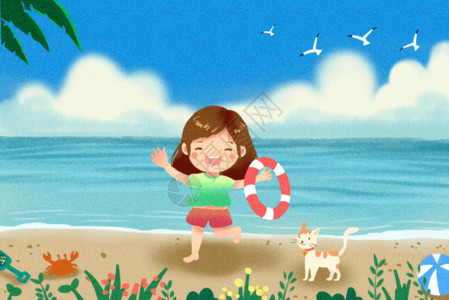 大猫和小猫女孩在海边玩耍gif高清图片