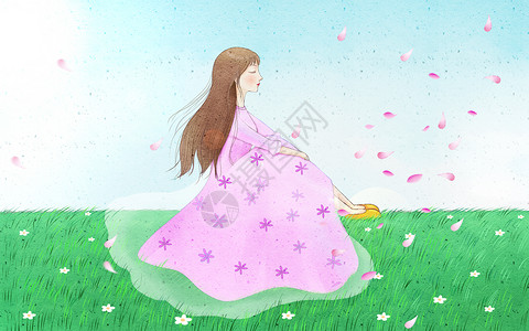 风吹草春天花瓣洒落绿色草地上唯美粉色女孩插画