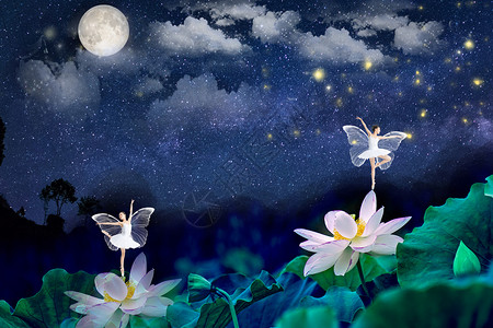 月亮在晚上在荷花上跳舞的精灵设计图片