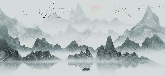 水墨麋鹿中国风水墨山水插画