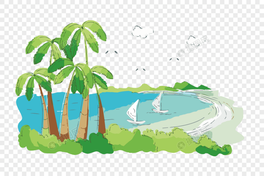 手绘卡通沙滩椰子树矢量图图片
