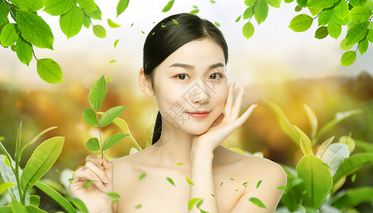 女人和叶子绿色天然美容护肤设计图片