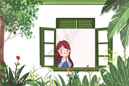 红色小花装饰框春天插画