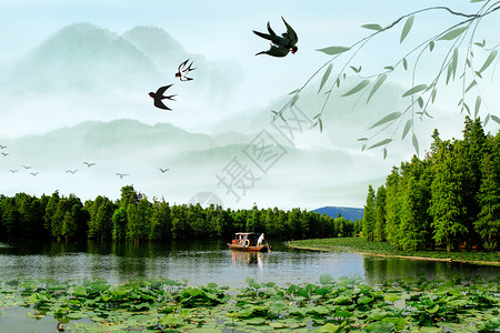 池塘里的淡雅荷花春色场景设计图片