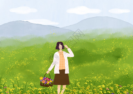 暖黄春天摘花的姑娘插画