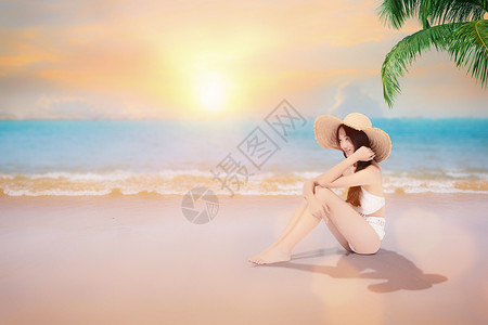 美丽沙滩风景泳装美女旅游设计图片