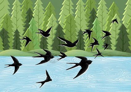 沿河风光带春天的燕子插画