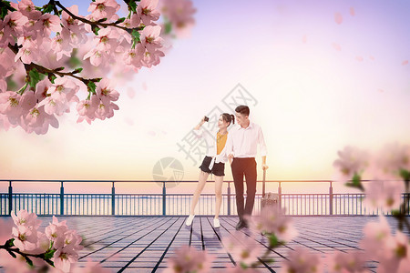 樱花情侣情侣旅行看樱花设计图片